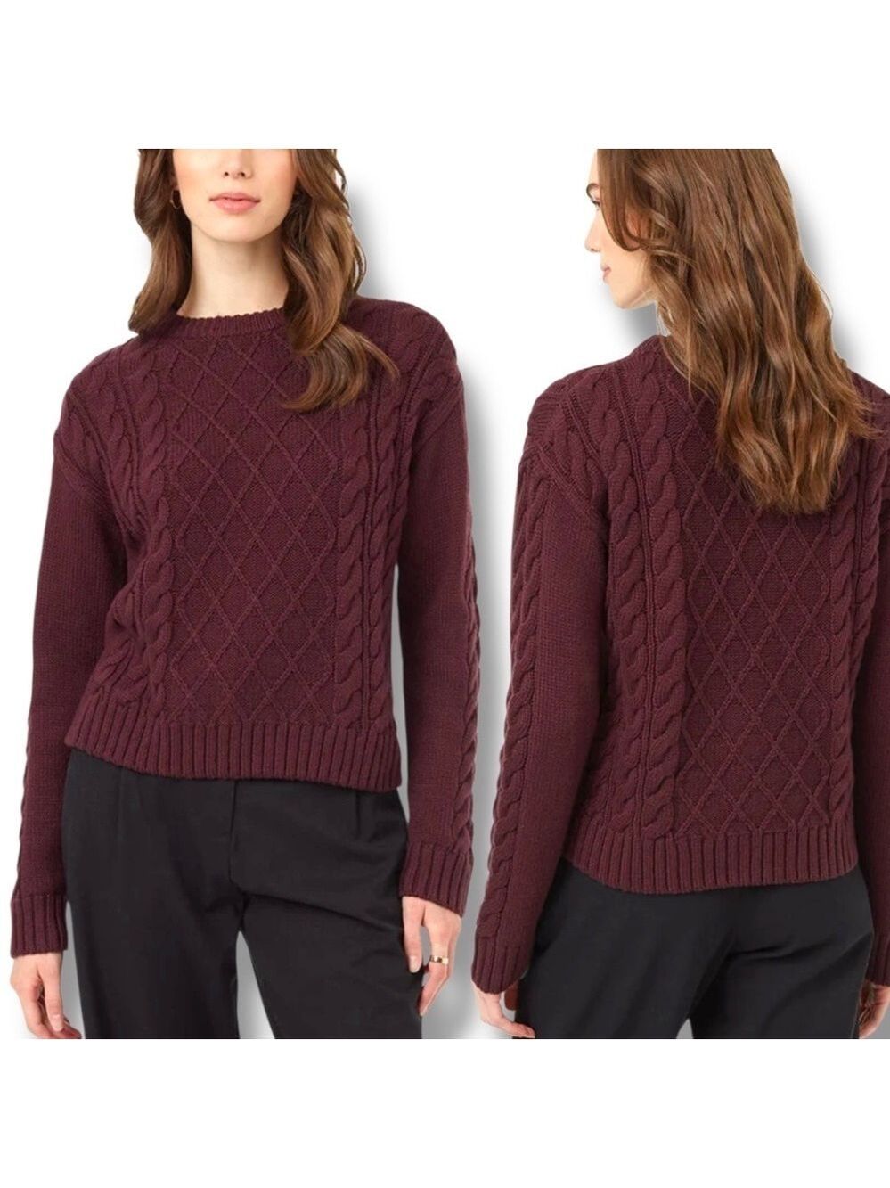 TEN TREE Organic Cotton Wool Poly Burgundy Cable Knit Long Sleeve Sweater Sz L